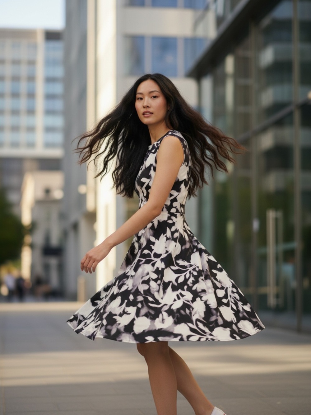 Wisp Black & White Floral Fit & Flare Dress Keyhole Neckline Size 2